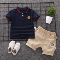 Kinderbekleidung Jungen Poloshirt Anzug trendiges Kurzarm-T-Shirt Kinder 2023 neues kleines und mittleres Kinder-Sommersport-Zweiteiler-Set  Navy blau
