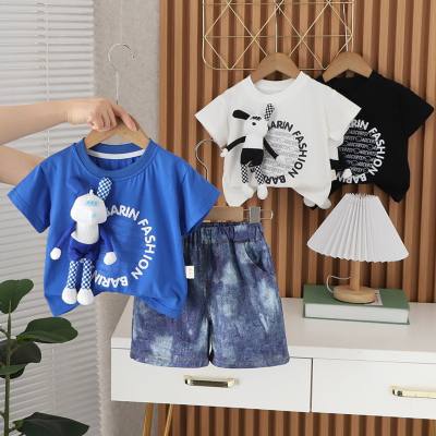 New summer style for small and medium-sized children, fashionable and stylish three-dimensional rabbit short-sleeved suit, trendy boys' casual short-sleeved suit