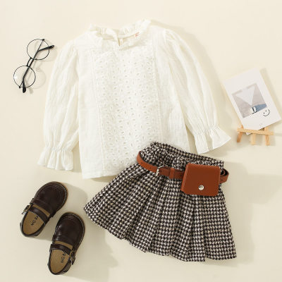 3-piece Toddler Girl Solid Color Lace Patchwork Pleated Collar Lantern Sleeve Shirt & Plaid Pleated Skirt & Waist Bag