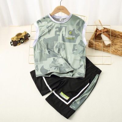 Boy Summer Color-block Full Print Sleeveless Sporty  T-shirt & Shorts