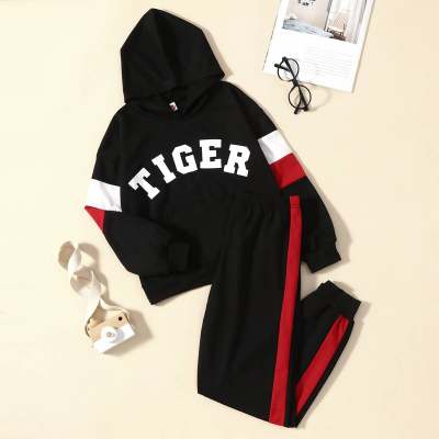 Kid Letter Printed Color Block Hooded Sweater & Stripes Sweatpants