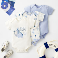 Confezione regalo per neonato unisex da 3 pezzi in cotone, 1 tinta unita, 2 tutine con motivo cigno e dinosauro animale  Azzurro