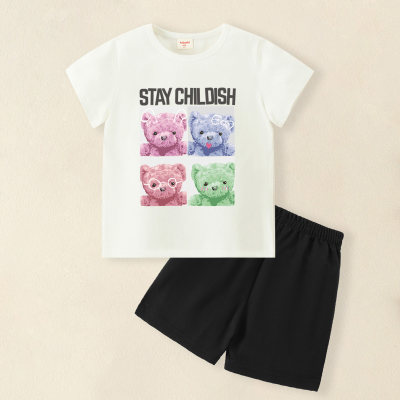 2-piece Kid Boy Letter and Bear Printed Short Sleeve T-shirt & Solid Color Shorts