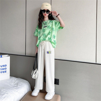 Summer girls suits summer new style medium and large children's short-sleeved tops straight pants student sportswear two-piece suit