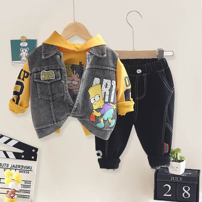 Toddler Letter Printed Color-block Hooded Sweater & Denim Vest  & Pants