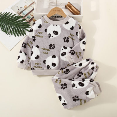 Set pigiama a maniche lunghe con motivo panda allover in flanella da bambino in 2 pezzi e pantaloni abbinati