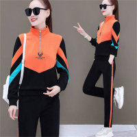 2PCS sports suit loose large size stand collar casual running suit two-piece suit  Orange