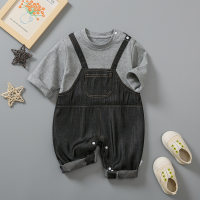 Internet celebrity baby fake two-piece jumpsuit, super fashionable baby carrier, long-sleeved closed crotch, fake denim romper for children  Black