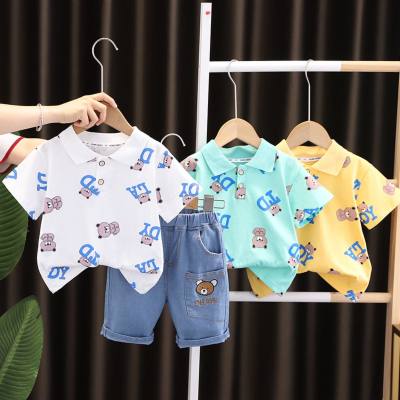Boys summer POLO shirt set 2024 new children's clothing summer lapel short-sleeved two-piece set with full printing, handsome and trendy