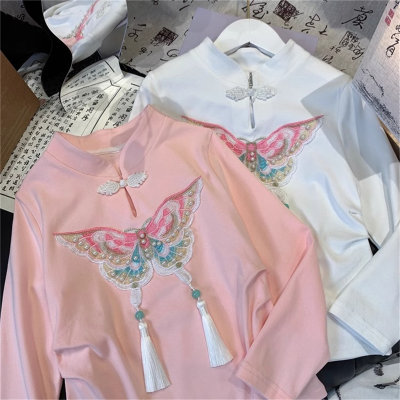 Oberteile im chinesischen Stil für Mädchen, Frühlingskleidung für mittlere und große Kinder, neues langärmeliges T-Shirt im chinesischen Stil mit Knopfleiste und Stehkragen für Mädchen