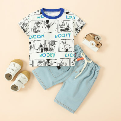 Toddler Boy Cartoon Cattle Pattern Short Sleeve T-shirt & Denim Shorts