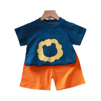 New baby short-sleeved T-shirt two-piece set pure cotton boy summer children's half-sleeved sweatshirt home clothes suit  Navy Blue