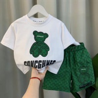 Summer boys' suits summer clothes 2022 new pure cotton short-sleeved tops ice silk shorts medium and large children's western style two-piece set  Green