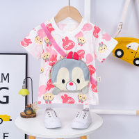 Infant cotton T-shirt short-sleeved new style cartoon super cute boys and girls three-dimensional real bag children's clothes  Pink