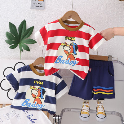 Infantil e da criança do bebê dos desenhos animados bonito listrado camiseta roupas infantis meninos roupas de verão novo casual de manga curta terno superior