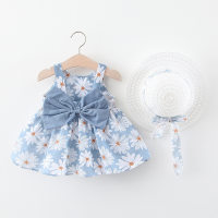 A749 new summer baby girl vest dress princess dress 1234 years old big bow flower skirt with hood  Blue