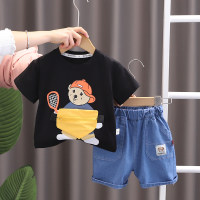 Wholesale children's clothing for children aged 1-5 years old, cartoon printed casual short-sleeved boys' summer T-shirts, two-piece set trendy  Black