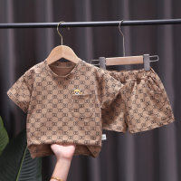 Traje de verano para niños, nuevo estilo, traje informal de dos piezas de manga corta para bebés y niños guapos  marrón