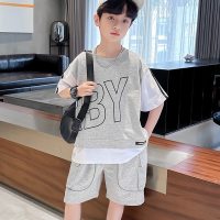 Boys summer suit 2024 summer new style boys short-sleeved sports two-piece set medium and large children's trendy and handsome basketball uniforms  Gray