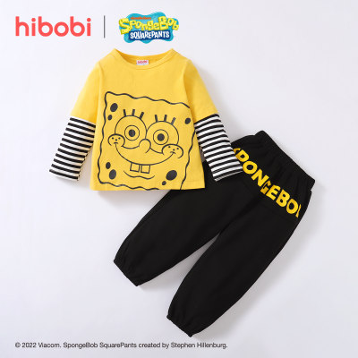 SpongeBob SquarePants × hibobi Stripes Long-sleeve T-shirt & Letter Printed Trousers