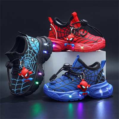 Calçados esportivos infantis com teia de aranha em malha LED