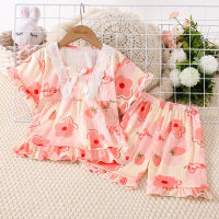 2-piece Kid Girl Floral Pattern Lace Spliced Square Neck Short Sleeve Top & Matching Shorts  Pink