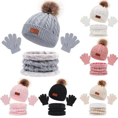 3-Piece Toddler Solid Color Fur Ball Decoration Knitted Hat