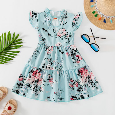 Toddler Girl Sweet Floral Fly Sleeves Dress