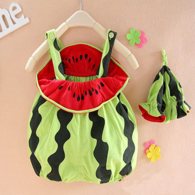 Summer baby cartoon harem, cute watermelon shape clothing jumpsuit, baby children's romper jumpsuit with hood wholesale