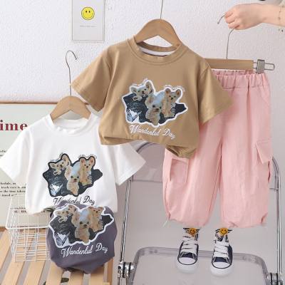 2024 summer new style girls cartoon round neck short-sleeved suit baby girl summer casual trousers short-sleeved two-piece suit