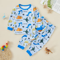 2-piece Toddler Boy Cartoon Animal Pattern Printed Long Sleeve Top & Matching Pants  Blue