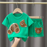 Children's clothing 2023 summer new products, small and medium-sized children's suits for boys and girls, Korean version solid color cartoon patches, foreign style tops and shorts  Green