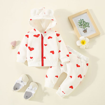2-piece Baby Girl Pure Cotton Allover Heart Pattern Zip-up Hooded Jacket & Pants