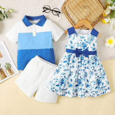 Brother and Sister Color-block Short Sleeve Polo Shirt & Solid Color Shorts & Allover Floral Bowknot Decor Sleeveless Dress