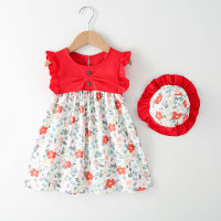 فستان بناتي بنقشة زهور &  قبعة  أحمر