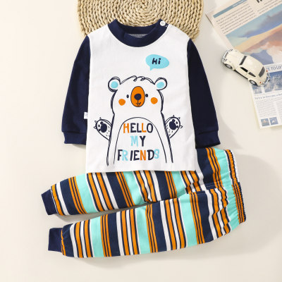 Top a maniche lunghe stampato con lettere e orsi in puro cotone da bambino in 2 pezzi e pantaloni coordinati