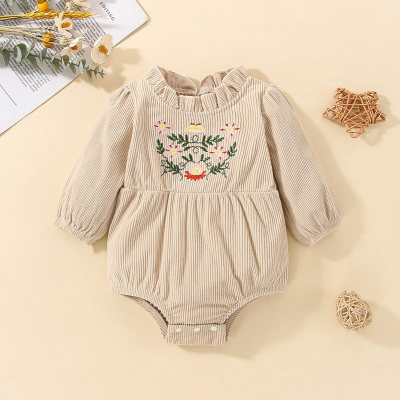 Baby Girl Solid Ruffled Flower Embroidered Long Sleeve Romper