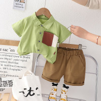 Traje de camisa fina de verano para niños, camisa informal de manga corta con solapa, traje de dos piezas  Verde