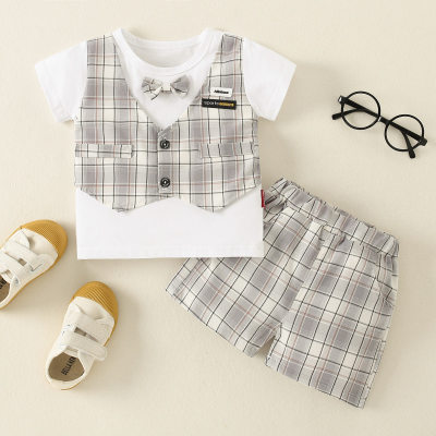 Toddler Boy Single-breasted Plaid Color-block Top & Shorts