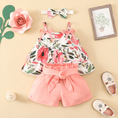 3-piece Baby Girl Allover Floral Pattern Ruffled Cami Top & Solid Color Bowknot Decor Shorts & Matching Headwrap