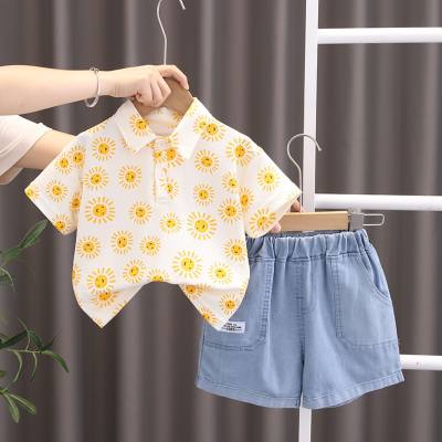 Summer outerwear for infants and young children, fashionable full-print sun round neck short-sleeved thin suit, trendy boy summer suit