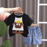 Small and medium-sized children's loose short-sleeved summer clothes children's cartoon cute round neck casual T-shirt boys' children's clothing two-piece set 2024  Black