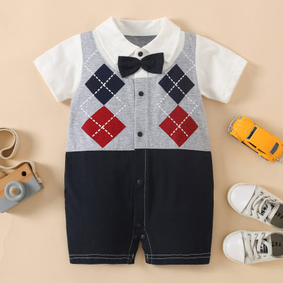 Baby Boy Pure Cotton 2 in 1 Color-block Patchwork Bowtie Decor Short Sleeve Boxer Romper