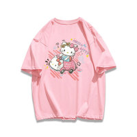 T-shirt à manches courtes imprimé chat de dessin animé, niche polyvalente, mignon, haut de dessin animé  Rose