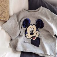 Camiseta de algodón puro para niños, camiseta de manga corta con dibujos animados de bebé, Mickey, nuevo estilo, verano 2024  gris