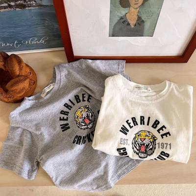 2022 Sommer reine Baumwolle Jungen Tigerkopf Rundhals lässiges Baby-T-Shirt für Kinder und Kinder mittleren Alters Cartoon lose Kurzarm-Tops