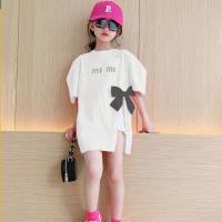 Girls cotton t-shirt Korean style short-sleeved summer fashionable girl bow top medium and large children's slit summer T-shirt trendy  White