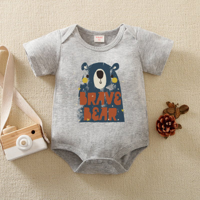 Baby Boy Pure Cotton Letter and Bear Printed Short Sleeve Romper