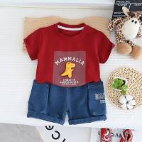 New children's clothing children's suits boys and girls cartoon T-shirts short-sleeved denim shorts summer casual two-piece suit  Red