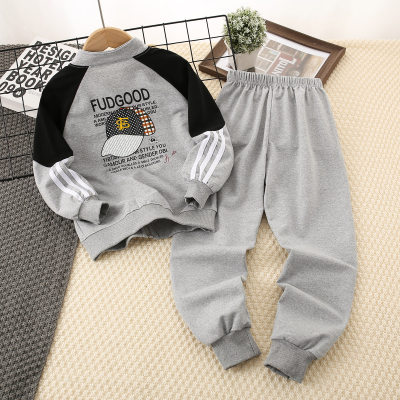 2-piece Kid Boy Color-block Letter and Hat Printed Zip-up Jacket & Solid Color Letter Printed Pants
